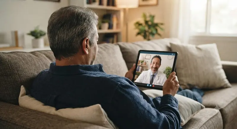 paciente desde la comodidad de su hogar en una teleconsulta con psiquiatra