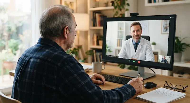 Adulto en una teleconsulta con psiquiatra